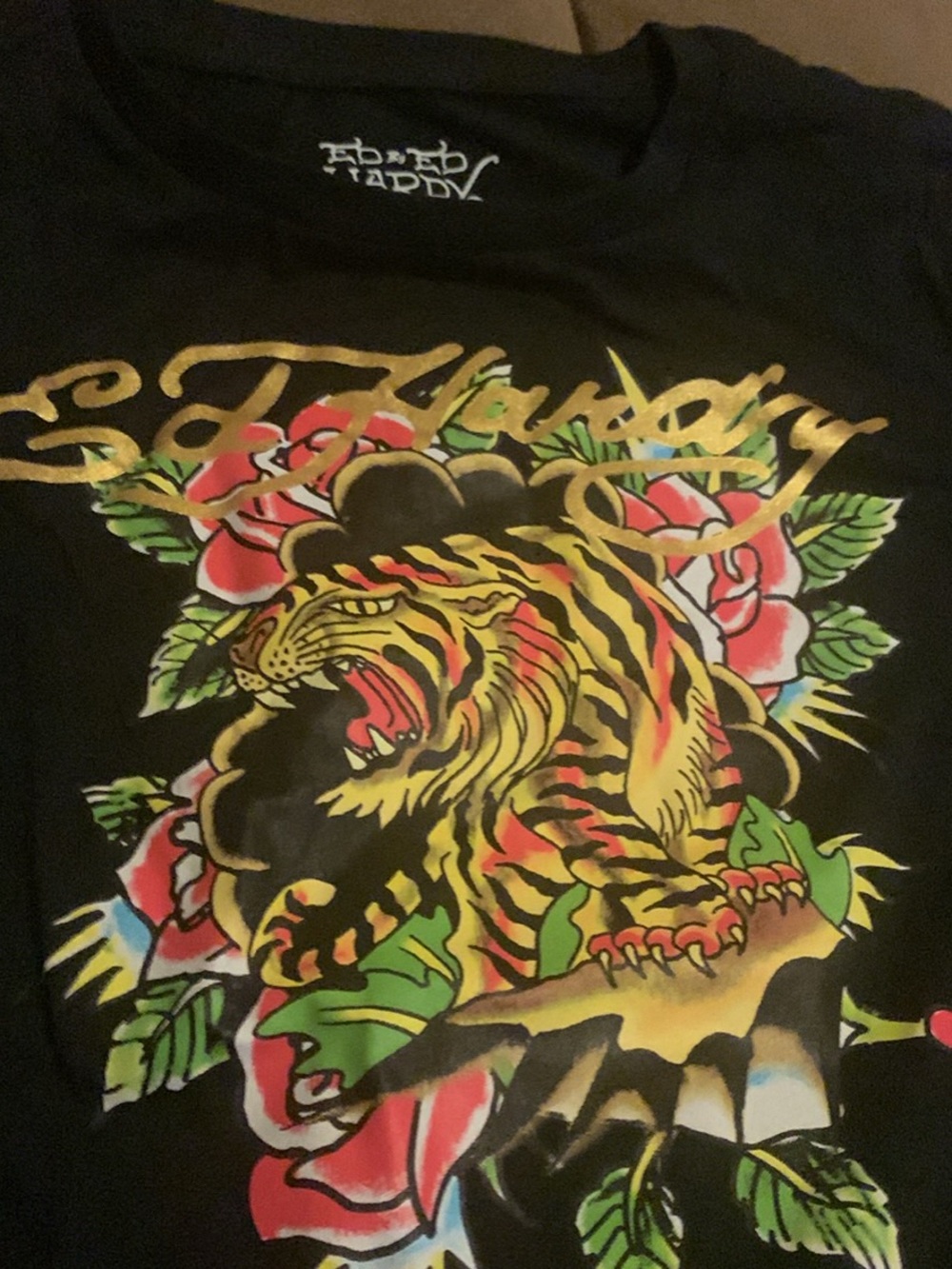 Ed Hardy Black Tee with Yellow and Red Tiger Graphic
